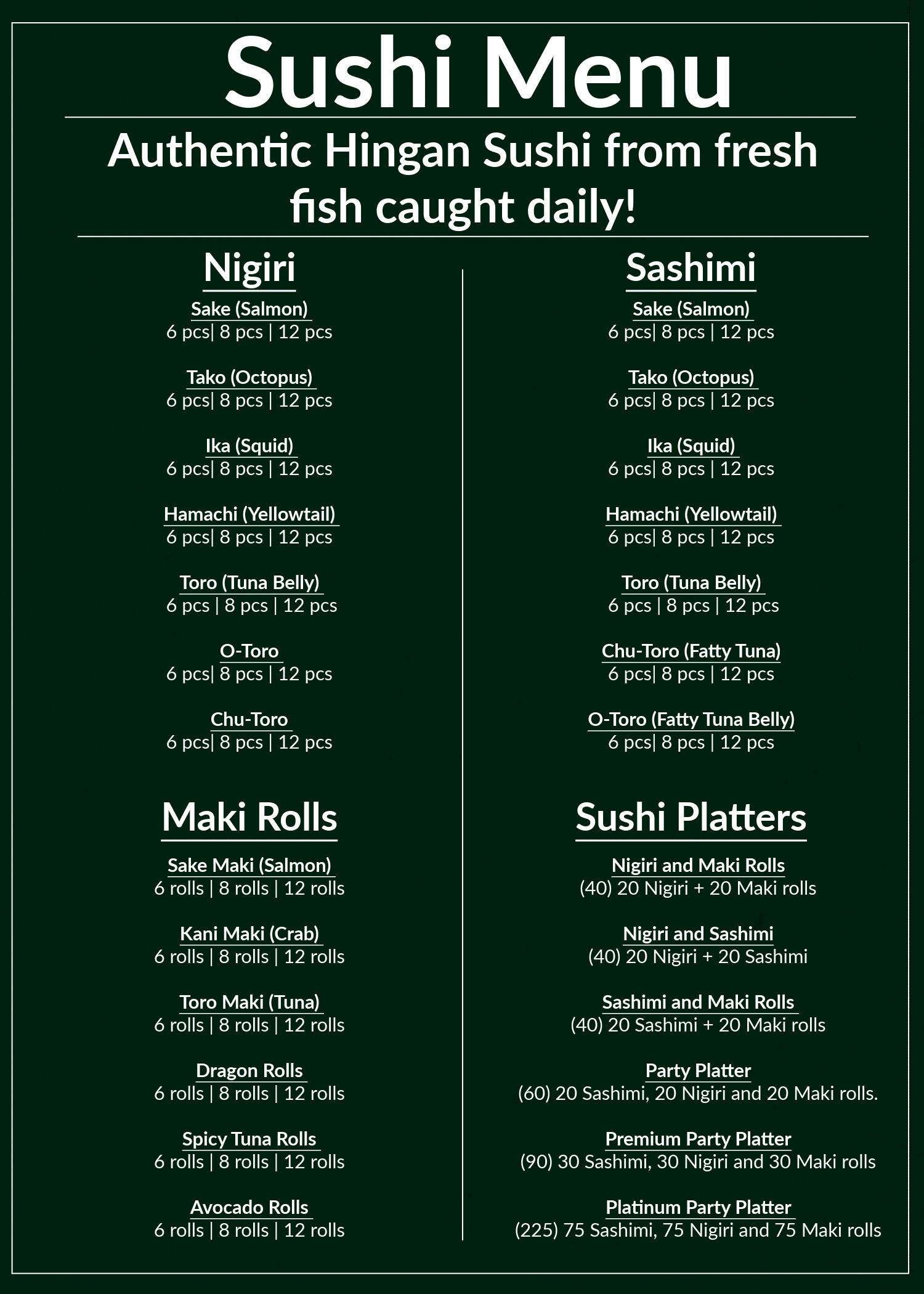 Sushi Menu